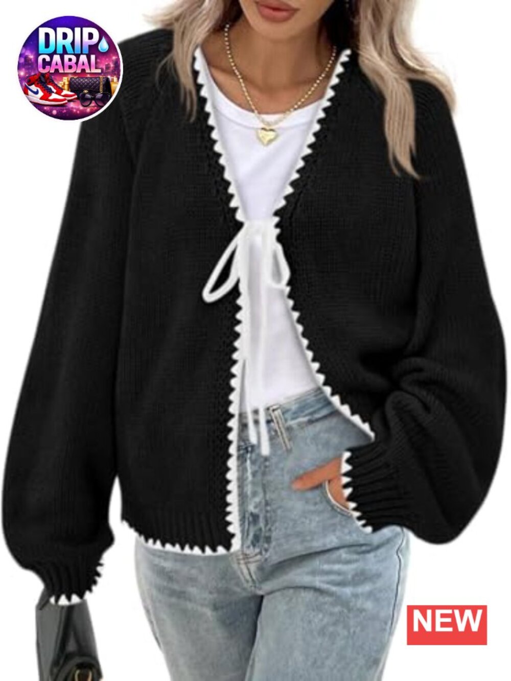 Women's Button Front Tie Waist Puff Sleeve Cardigan Sweater Chunky Knit V-Neck